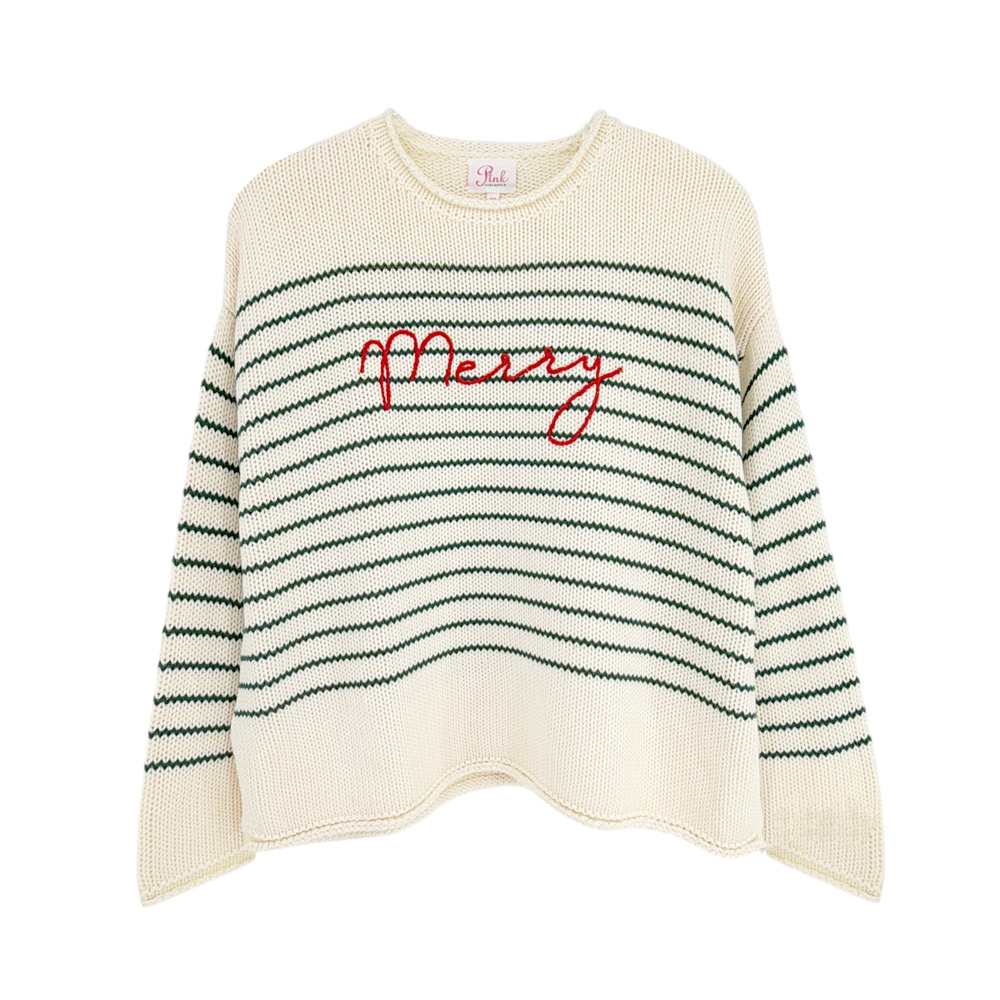 PINK PINEAPPLE Chloe Stripe Rollneck Merry Sweater in Ivory/Green XS